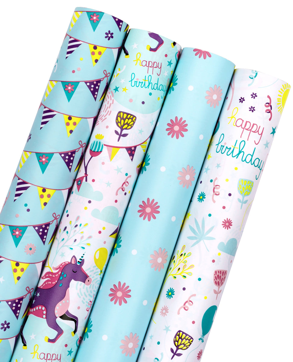 Birthday Wrapping Paper 4 Pack 100 sq.ft. Total Unicorn – WrapaholicGifts