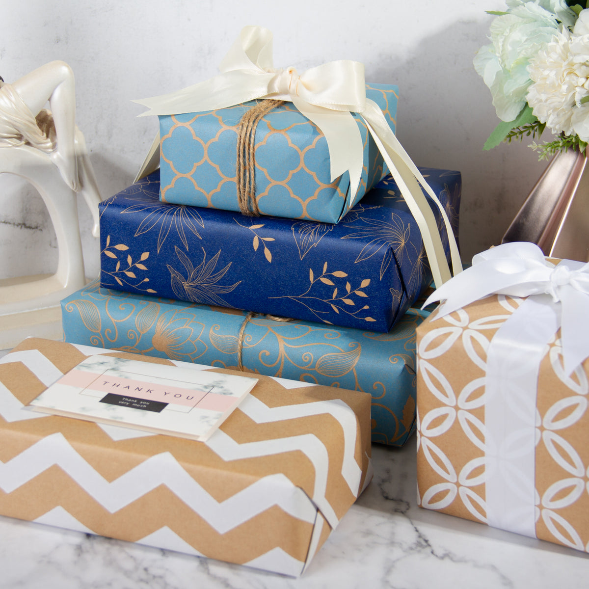 Brown/Blue Floral on Kraft Wrapping Paper - Spritz™