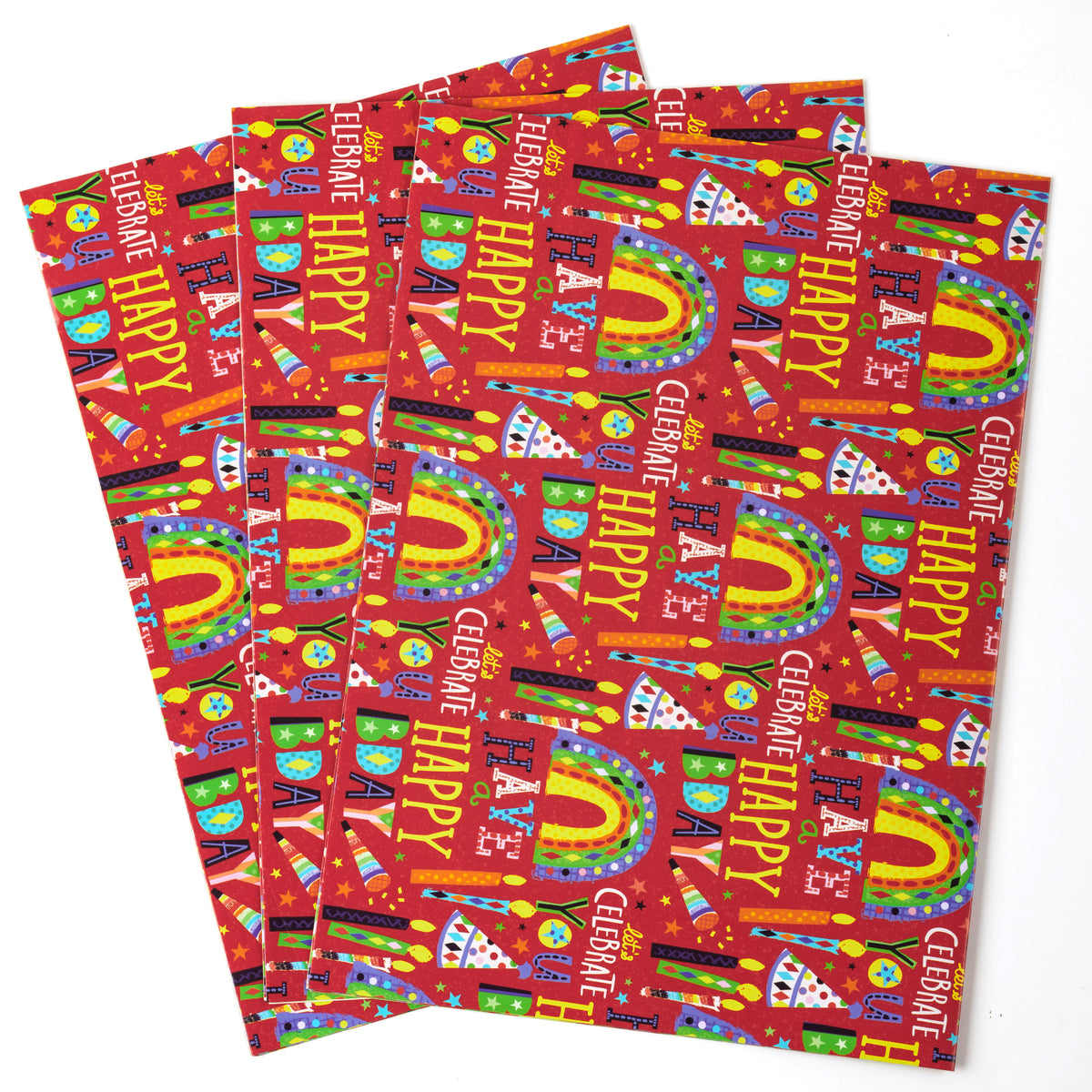 Birthday Wrapping Paper Sheet, 3 Color Happy Birthday 20 x 28 Inch 6 Pcs