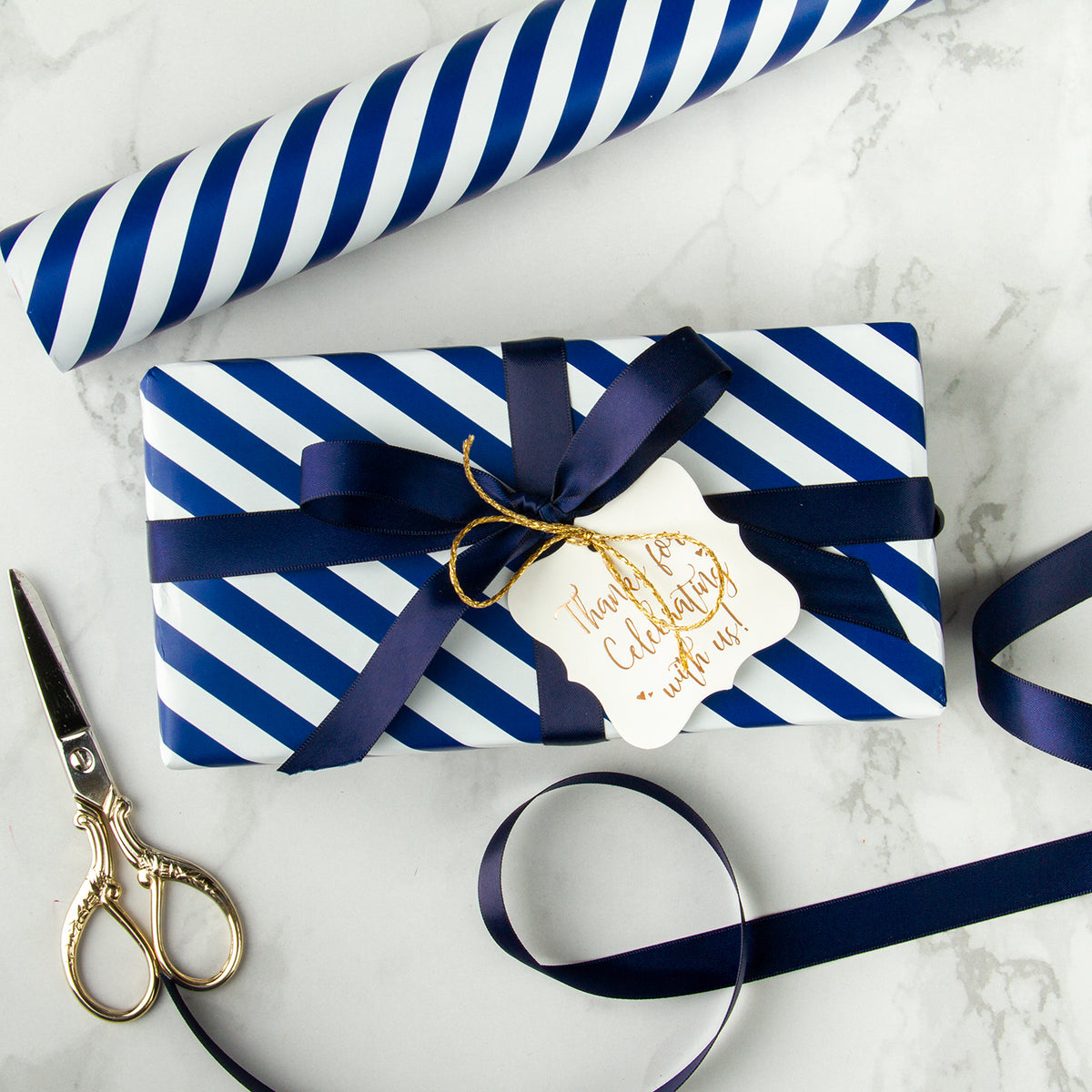 Wrapping Paper Flat Sheets, Blue Gift Wrapping Paper Set with Sticker  Ribbon, Men Gift Wrap Birthday Wrapping Paper with Navy Blue and Gold  Stripes