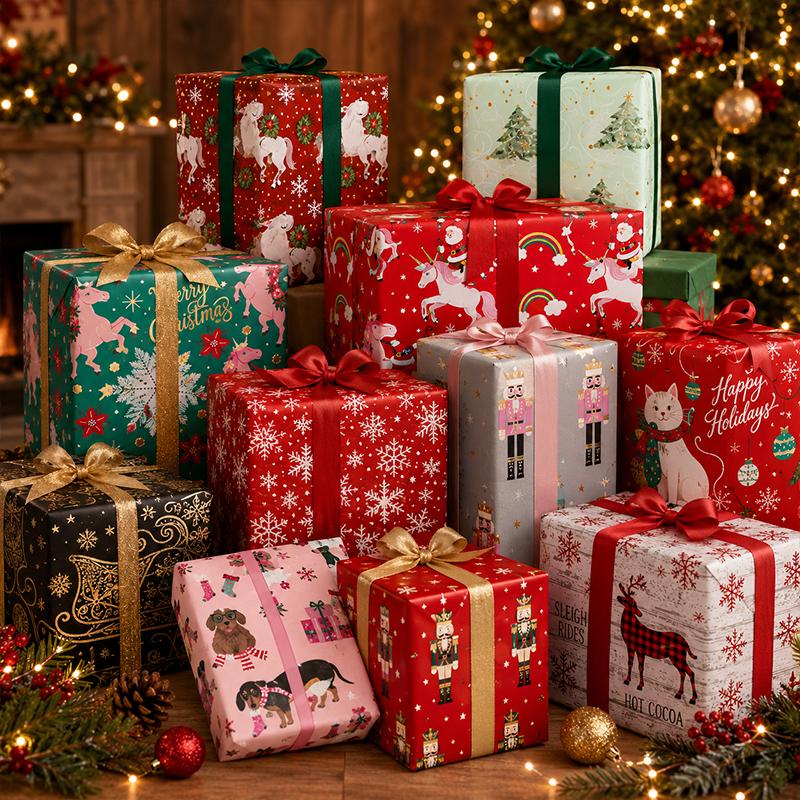 WRAPAHOLIC Reversible Christmas Wrapping Paper Roll, 17 Inch x 33 or 16.4 Feet Holiday Gift Wrap
