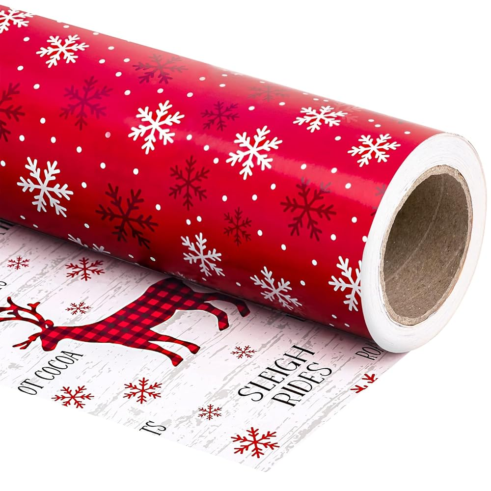 WRAPAHOLIC Reversible Christmas Wrapping Paper Roll, 17 Inch x 33 or 16.4 Feet Holiday Gift Wrap