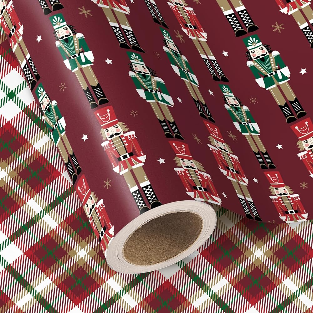 WRAPAHOLIC Christmas Wrapping Paper Roll, 17 Inch x 16.5 Feet, Reversible Holiday Gift Wrap, Double-Sided Christmas Designs for Gifts