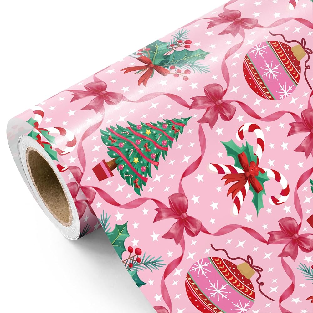 WRAPAHOLIC Christmas Wrapping Paper Roll, 17 Inch x 16.5 Feet, Reversible Holiday Gift Wrap, Double-Sided Christmas Designs for Gifts