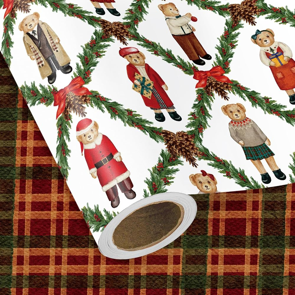WRAPAHOLIC Christmas Wrapping Paper Roll, 17 Inch x 16.5 Feet, Reversible Holiday Gift Wrap, Double-Sided Christmas Designs for Gifts