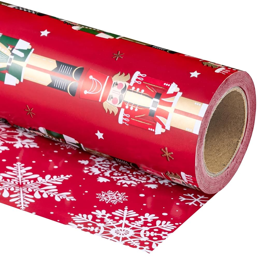 WRAPAHOLIC Reversible Christmas Wrapping Paper Roll, 17 Inch x 33 or 16.4 Feet Holiday Gift Wrap