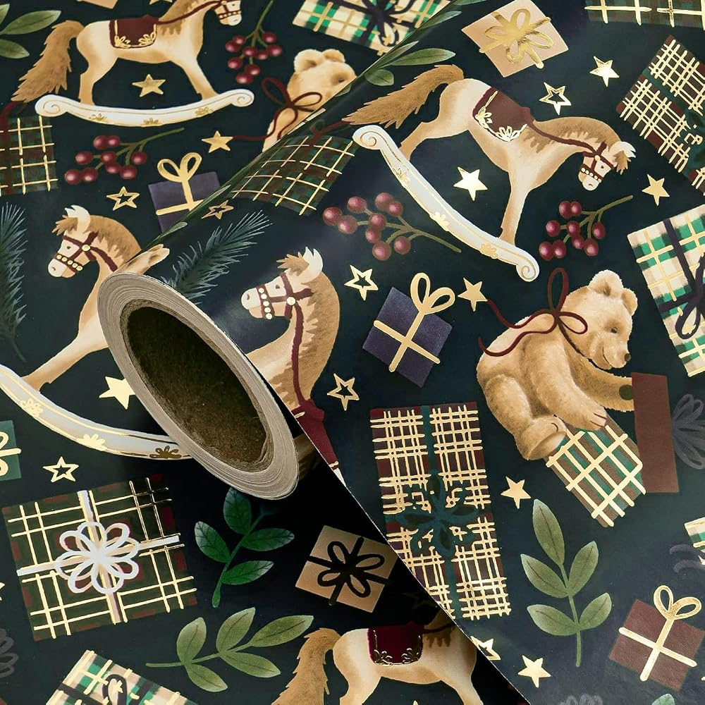 WRAPAHOLIC Christmas Wrapping Paper Roll, 17 Inch x 16.5 Feet, Reversible Holiday Gift Wrap, Double-Sided Christmas Designs for Gifts
