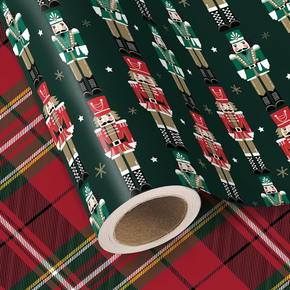 WRAPAHOLIC Christmas Wrapping Paper Roll, 17 Inch x 16.5 Feet, Reversible Holiday Gift Wrap, Double-Sided Christmas Designs for Gifts