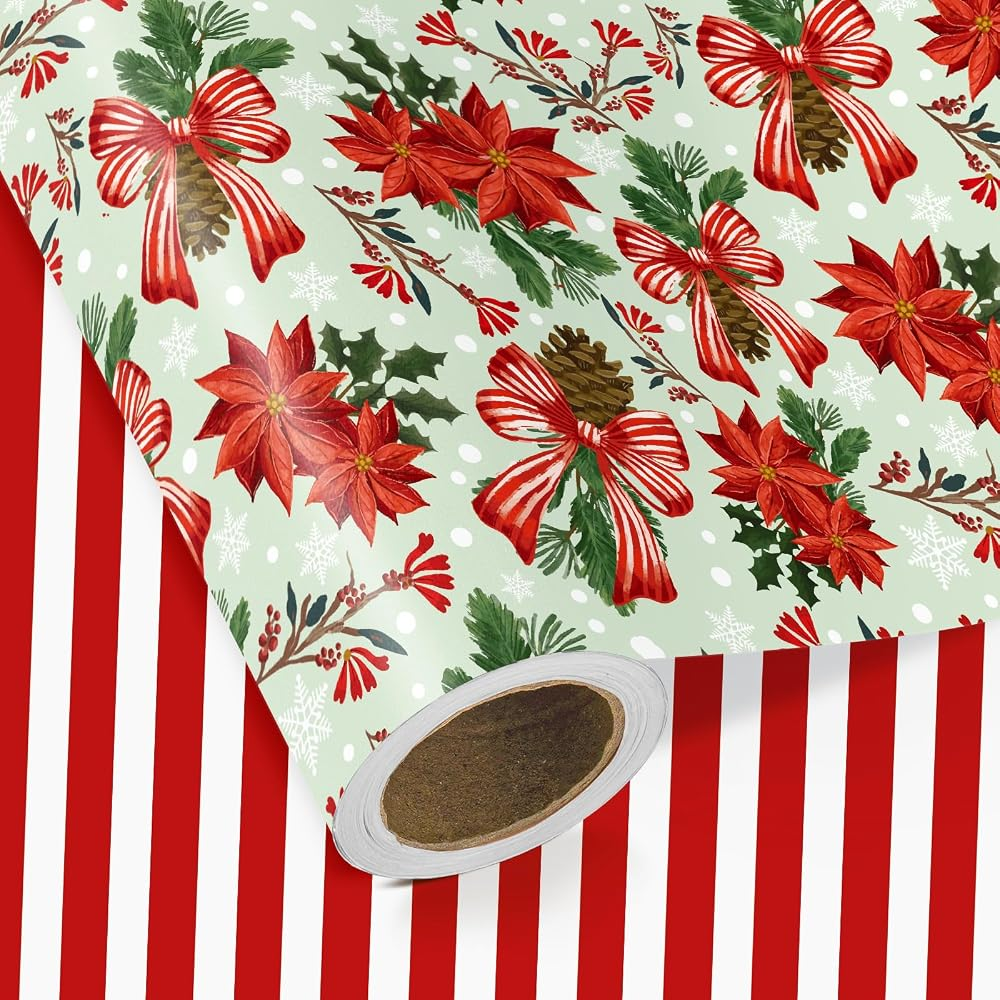 WRAPAHOLIC Christmas Wrapping Paper Roll, 17 Inch x 16.5 Feet, Reversible Holiday Gift Wrap, Double-Sided Christmas Designs for Gifts