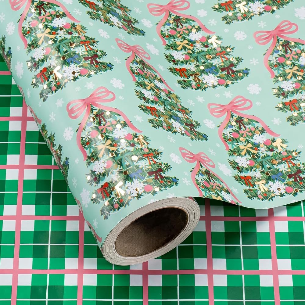 WRAPAHOLIC Reversible Christmas Wrapping Paper Roll, 17 Inch x 33 or 16.4 Feet Holiday Gift Wrap