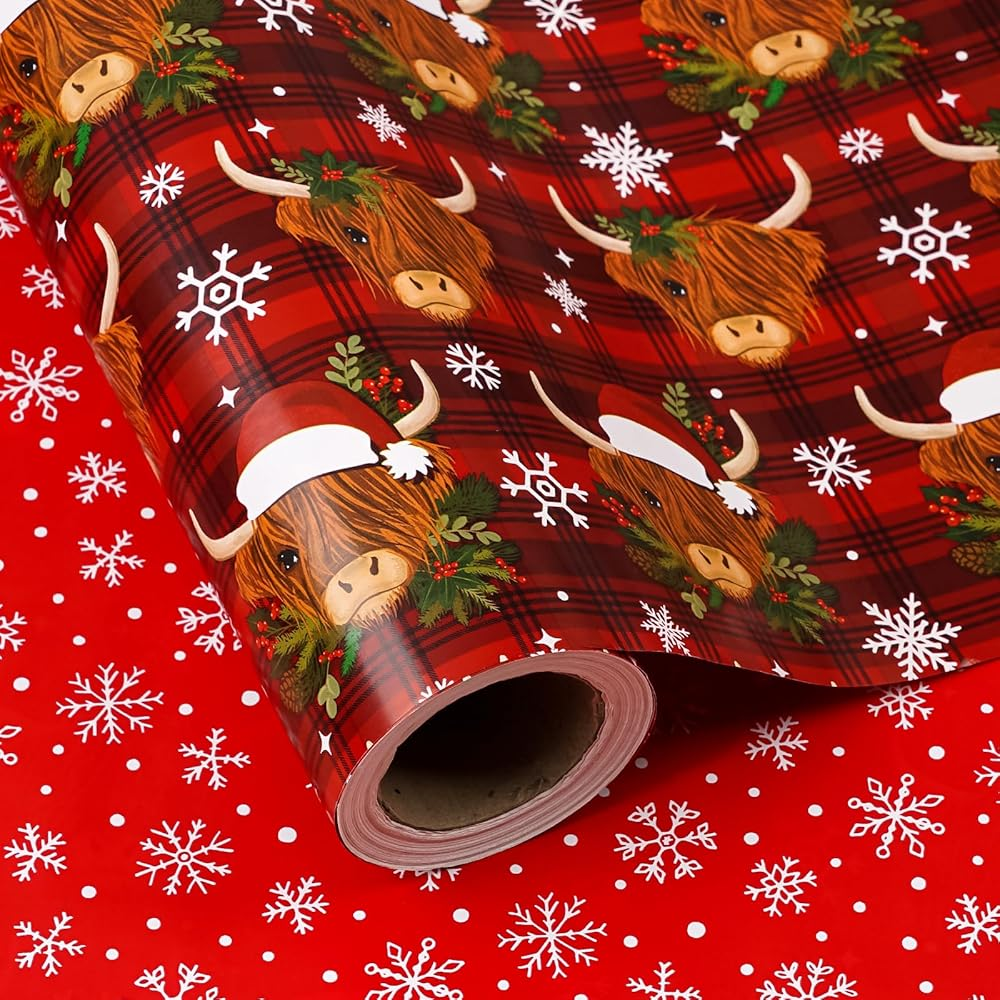 WRAPAHOLIC Christmas Wrapping Paper Roll, 17 Inch x 16.5 Feet, Reversible Holiday Gift Wrap, Double-Sided Christmas Designs for Gifts