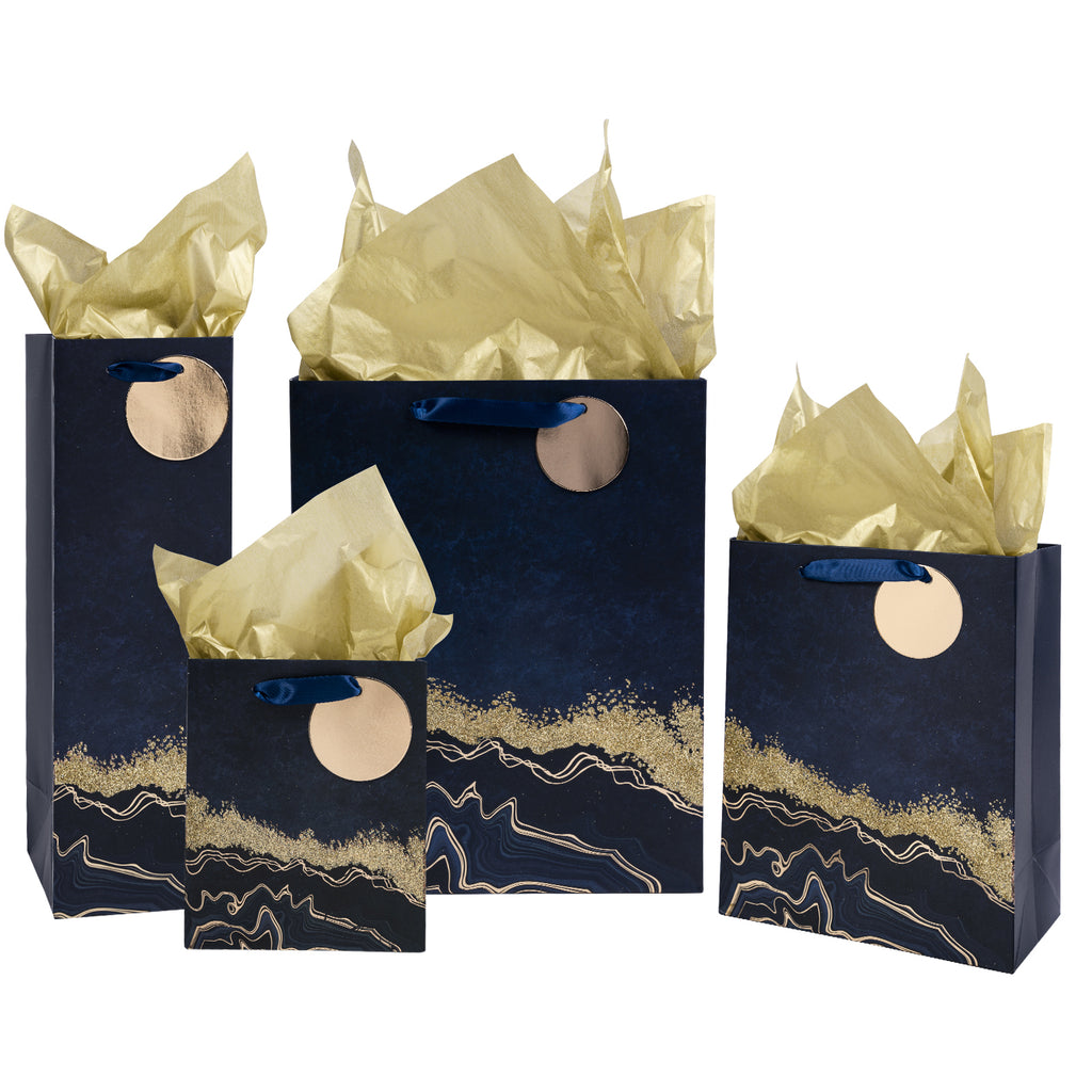 Gift Bags Set - 4 Pack - Navy Blue Gold Design With Gold Tissue Paper –  WrapaholicGifts