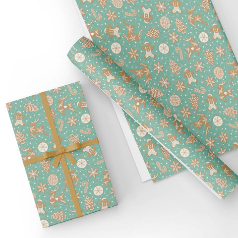 Custom Flat Wrapping Paper for Christmas, Holiday, Party - Gingersnap in Cyan Wholesale Wraphaholic