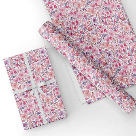 Custom Flat Wrapping Paper for Birthday, Spring, Holiday, Her - Watercolor Pink Flowers Wholesale Wraphaholic
