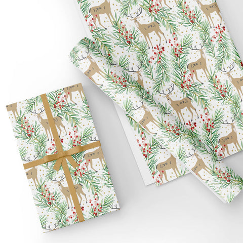 Custom Flat Wrapping Paper for Birthday, Holiday, Christmas - Winter Forest Reindeer Wholesale Wraphaholic