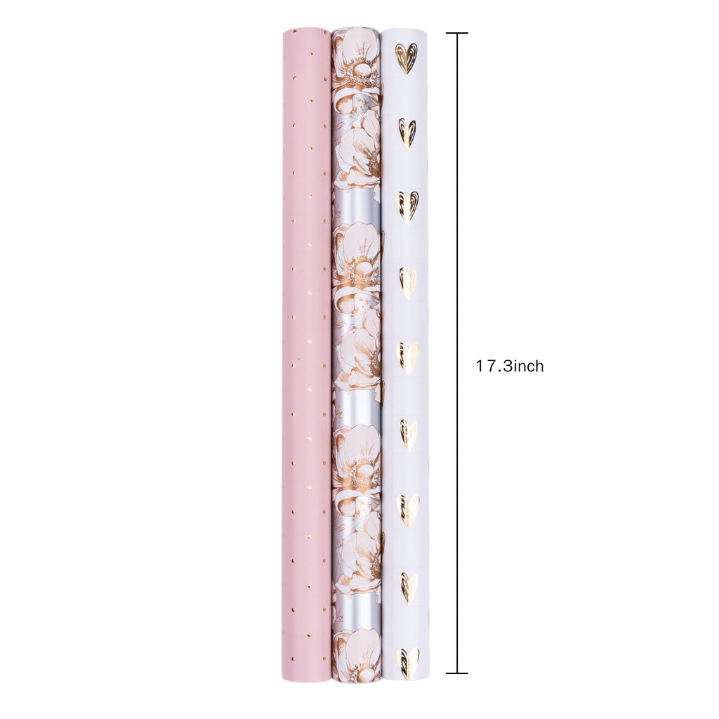 Pink Flower Wrapping Paper - Mini Roll - Paper Gift Wrap Papers, (3 Rolls)  43.2 sq ft. 