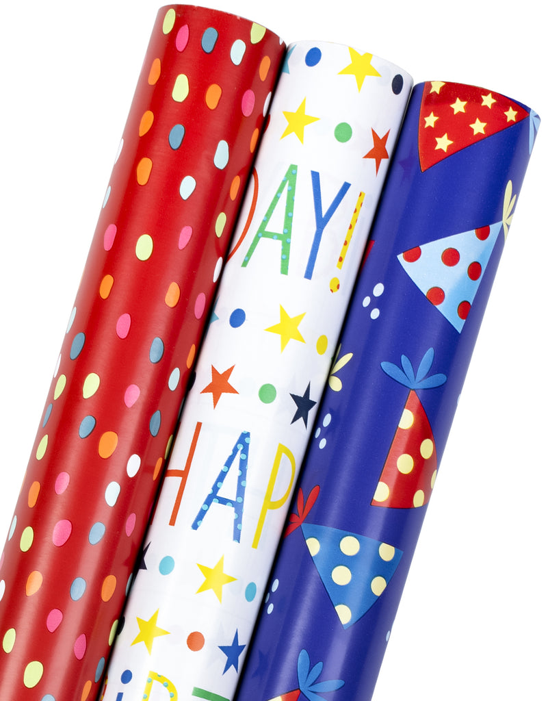 Blavermant Birthday Wrapping paper rolls, Gift Wrapping Paper Mini Roll -  17 X 10 ft Per roll, 3 Colorful Designs for Birthday