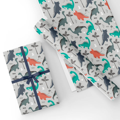 Custom Flat Wrapping Paper for Kids, Boys Brithday Party - Colorful Dinosaur on Grey Wholesale Wraphaholic