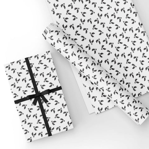 Custom Flat Wrapping Paper for Christmas  - Christmas Mistletoe Leaf, Black & White Wholesale Wraphaholic