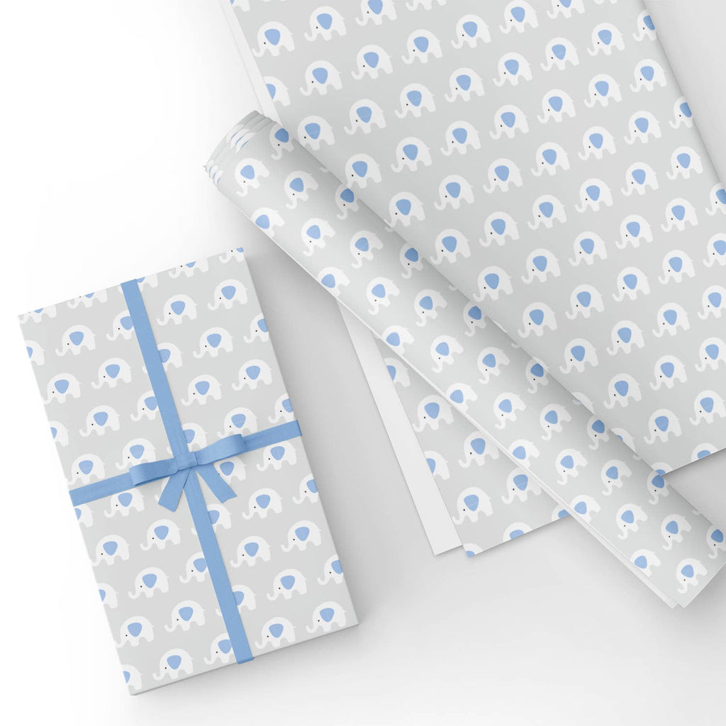 Custom Flat Wrapping Paper for Baby Shower, Birthday, Boy - Baby Blue  Elephant on Grey
