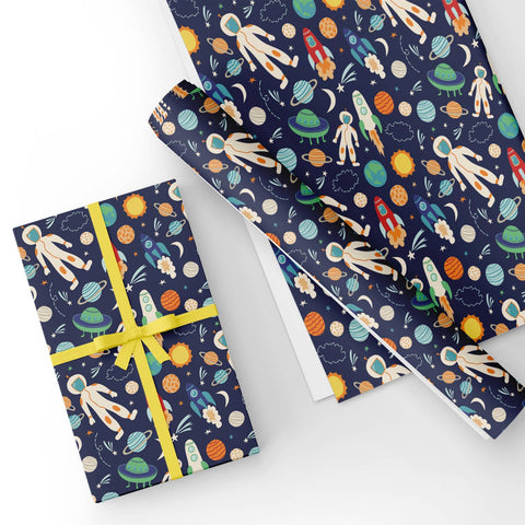 Custom Flat Wrapping Paper for Kids, Boy Birthday Party - Space, Rocket, Astronaut Wholesale Wraphaholic