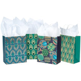 wrapaholic-peacock-medium-size-gift-bags-12-pack-8x4x10-teal-with-tissue-1