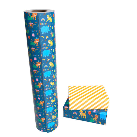 WRAPAHOLIC Reversible Animal Birthday Wrapping Paper - 24 Inch X 100 Feet Jumbo Roll
