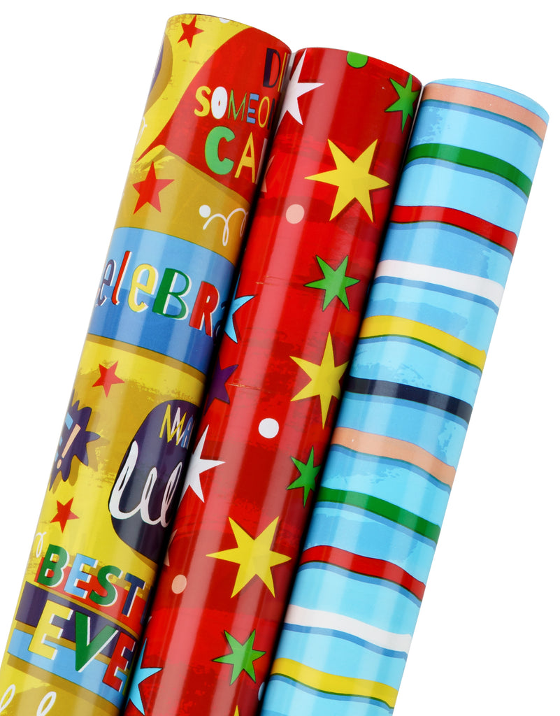 Birthday Wrapping Paper Mini Roll, Red & Yellow Design - 17 inch x