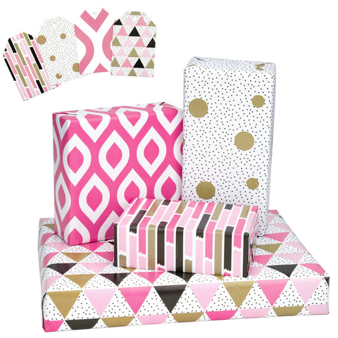 wrapaholic-pink-geometry-design-gift-wrapping-paper-sheet-set-4-flat-sheets-4-gift-tags-1