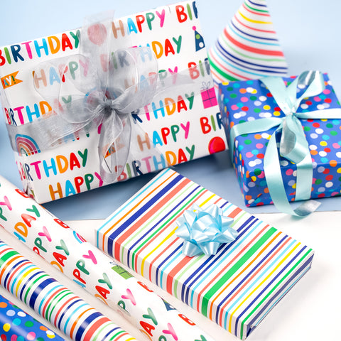 Birthday Wrapping Paper Mini Roll, Polka Dots, Stripes Patterns