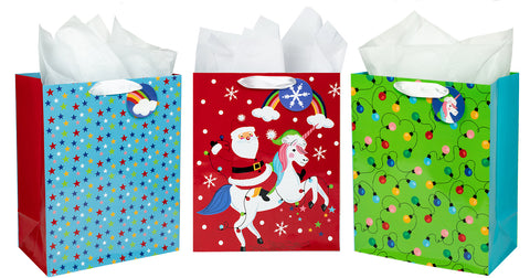 wrapaholic-assort-large-christmas-gift-bag-santa-unicorn-3-pack-10x5x13-inch-1