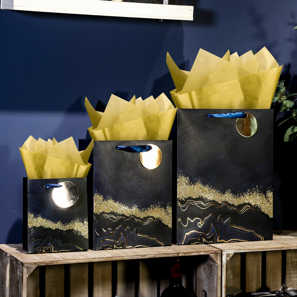Large Black and Gold Gift Bags with Tissue Paper 13x10x3.5 Alligator