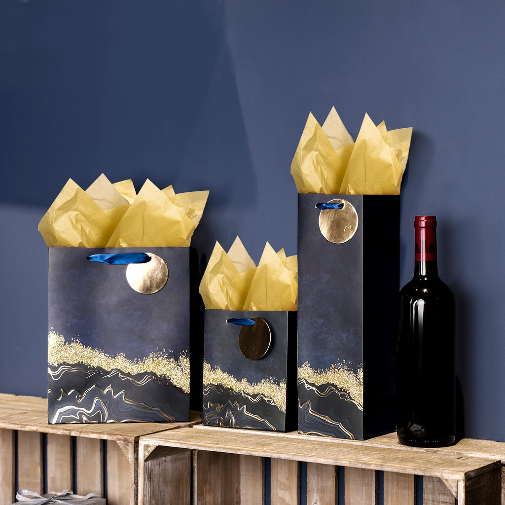 Gift Bags Set - 4 Pack - Navy Blue Gold Design With Gold Tissue Paper –  WrapaholicGifts
