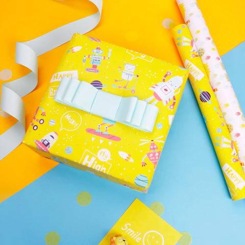 WRAPAHOLIC Reversible Birthday Robot Wrapping Paper - 24 Inch X