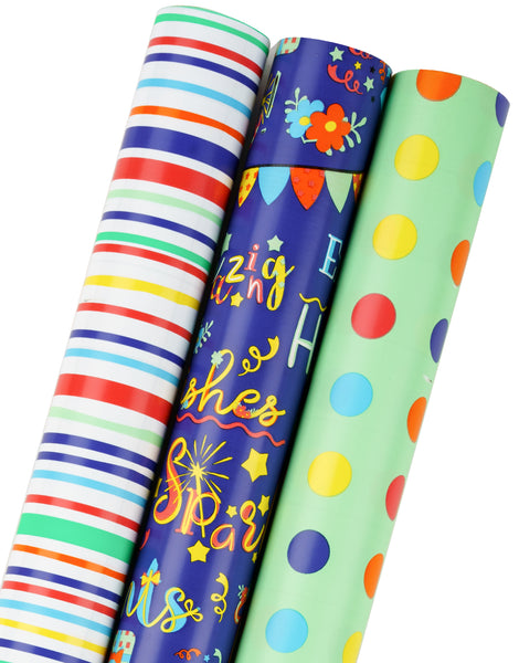  LeZakaa Birthday Wrapping Paper Roll - Mini Roll - Rainbow/Happy  Birthday Lettering/Stripe in Denim Blue for Girl, Boy, Kids, Adult, Friends  - 17 x 120 inches, 3 Rolls (42.5 sq.ft.ttl.) 
