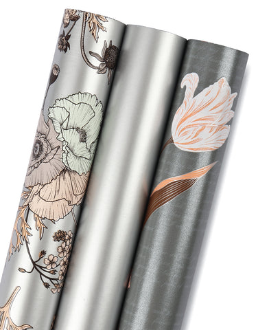Wrapaholic-3- Different-Silver-Floral-Design-Wrapping-Paper Roll- (14.4 sq. ft.TTL.) -1