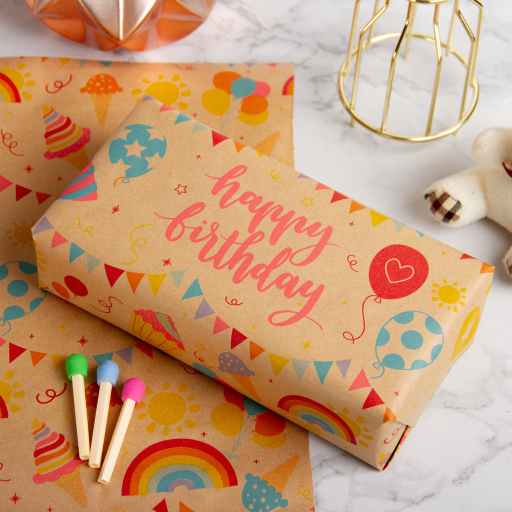 Birthday Kraft Gift Wrapping Paper Rolls Stag Brown Recycled Paper