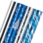 Wrapaholic- Blue-and-Silver- Snowflake-and Stripe-Set-with- Glitter-Metallic-Foil-Shine -Christmas-Gift-Wrapping- Paper-Roll-4 Rolls-1