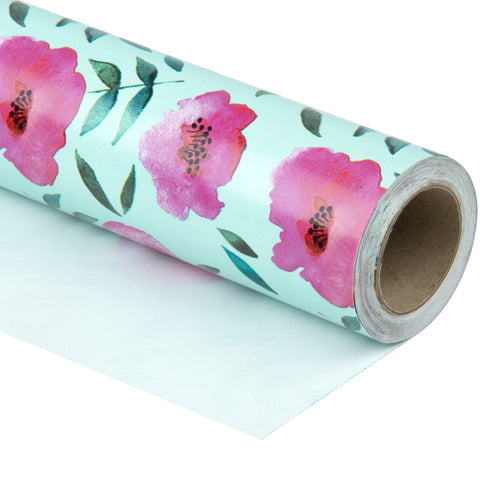 Wrapaholic-Blue Color-with-Rose-Pink-Floral-Design-Gift -Wrapping- Paper-Roll-1
