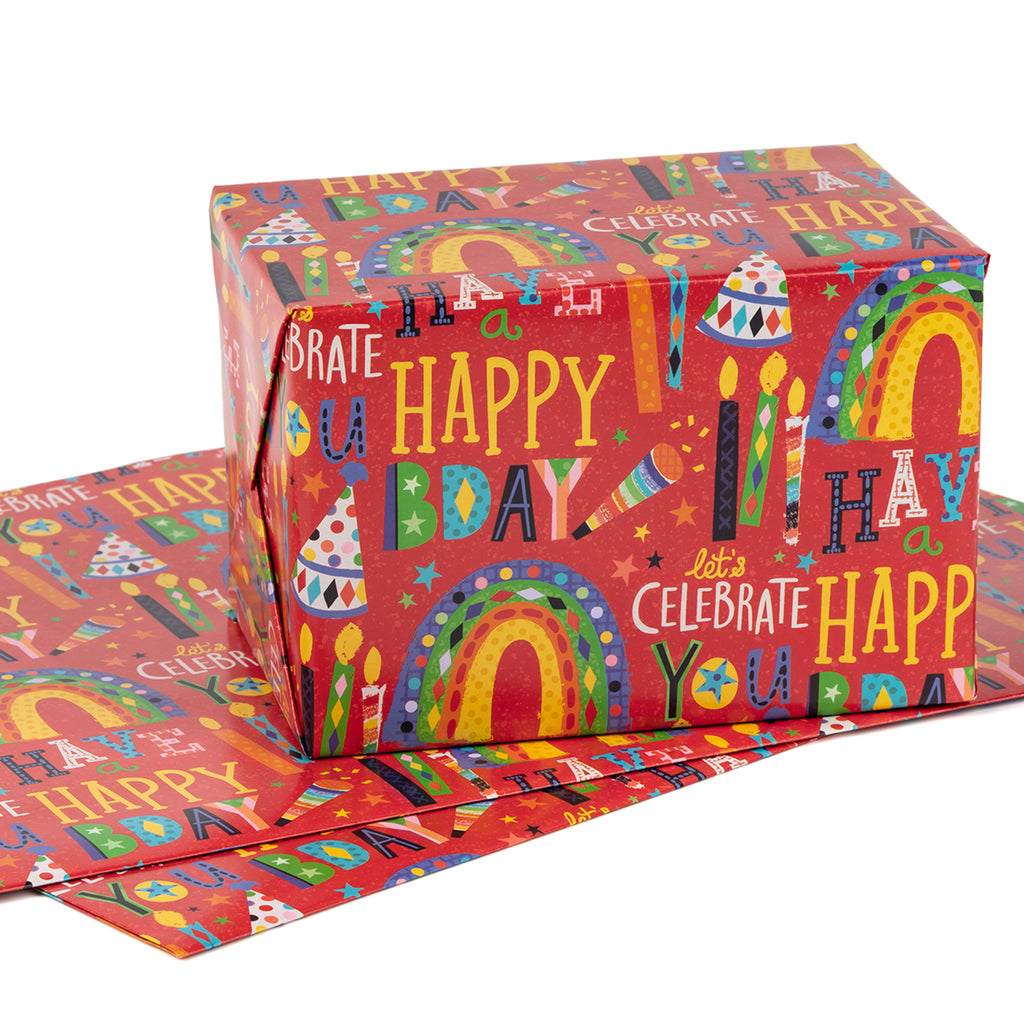 Birthday Wrapping Paper with Cut Lines - 3 Large Sheets Red Happy Birthday  Gift Wrap Paper - 27 x 39.4 inch