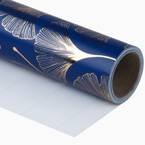 Wrapaholic-Gold-Foil-Ginkgo-Design-With-Navy Background-Gift-Wrapping-Paper-Roll-1