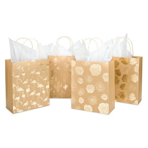 Wrapaholic Medium Size Foil Gold Kraft Gift Bags with Tissue Paper-4 Pack-m