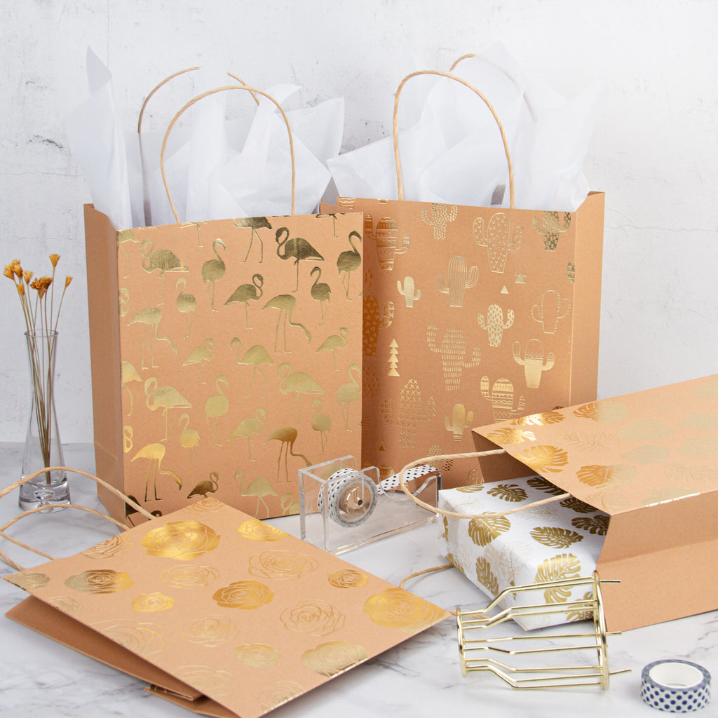 Wrapaholic Medium Size Foil Gold Kraft Gift Bags with Tissue Paper-4 P –  WrapaholicGifts