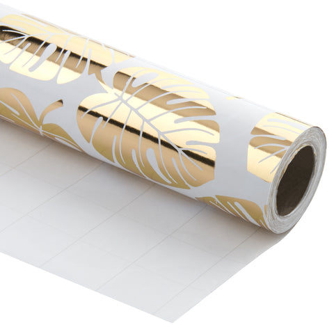 Wrapaholic- White-and- Gold-Foil-Tropical-Palm- Leaves-Gift-Wrapping- Paper-Roll-1