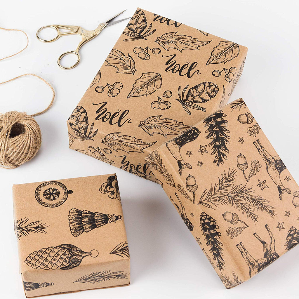 Pencil Sketch Christmas Kraft Wrap Paper 100% Recycled, 4 Rolls