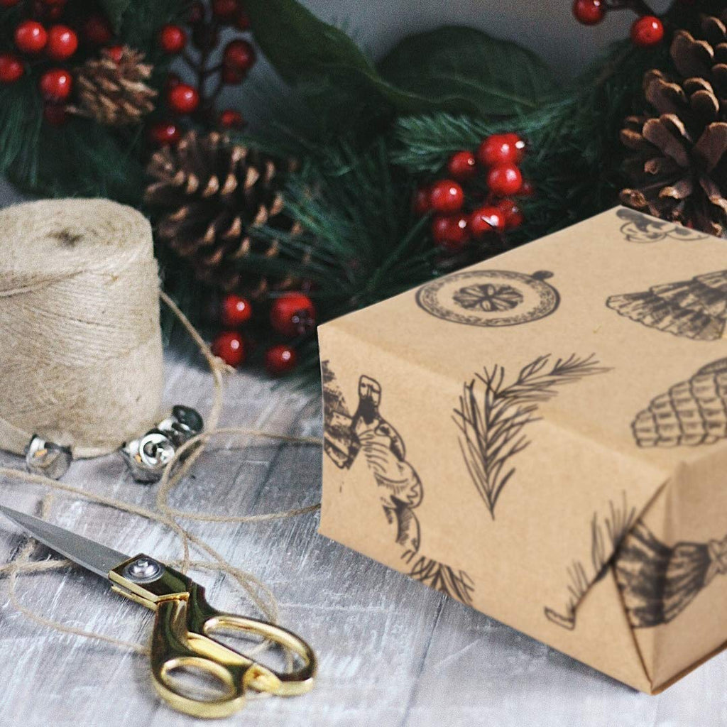 Pencil Sketch Christmas Kraft Wrap Paper 100% Recycled, 4 Rolls