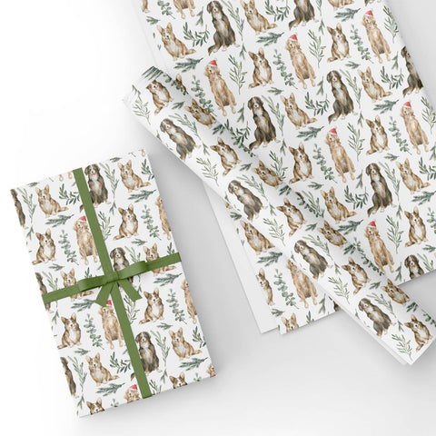 Custom Flat Wrapping Paper for Christmas, Birthday, Holiday - Watercolor Puppy Wearing Christmas Hat Wholesale Wraphaholic