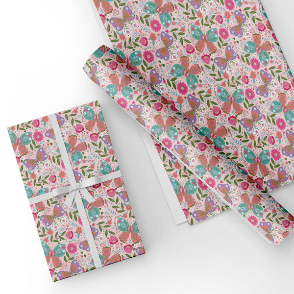 Custom Wrapping Paper Sheets for Wedding, Birthday, Mothers Day, Congrats-  Elegant Lily Floral with Butterfly in Pink, Bulk Wrapping Paper Printed