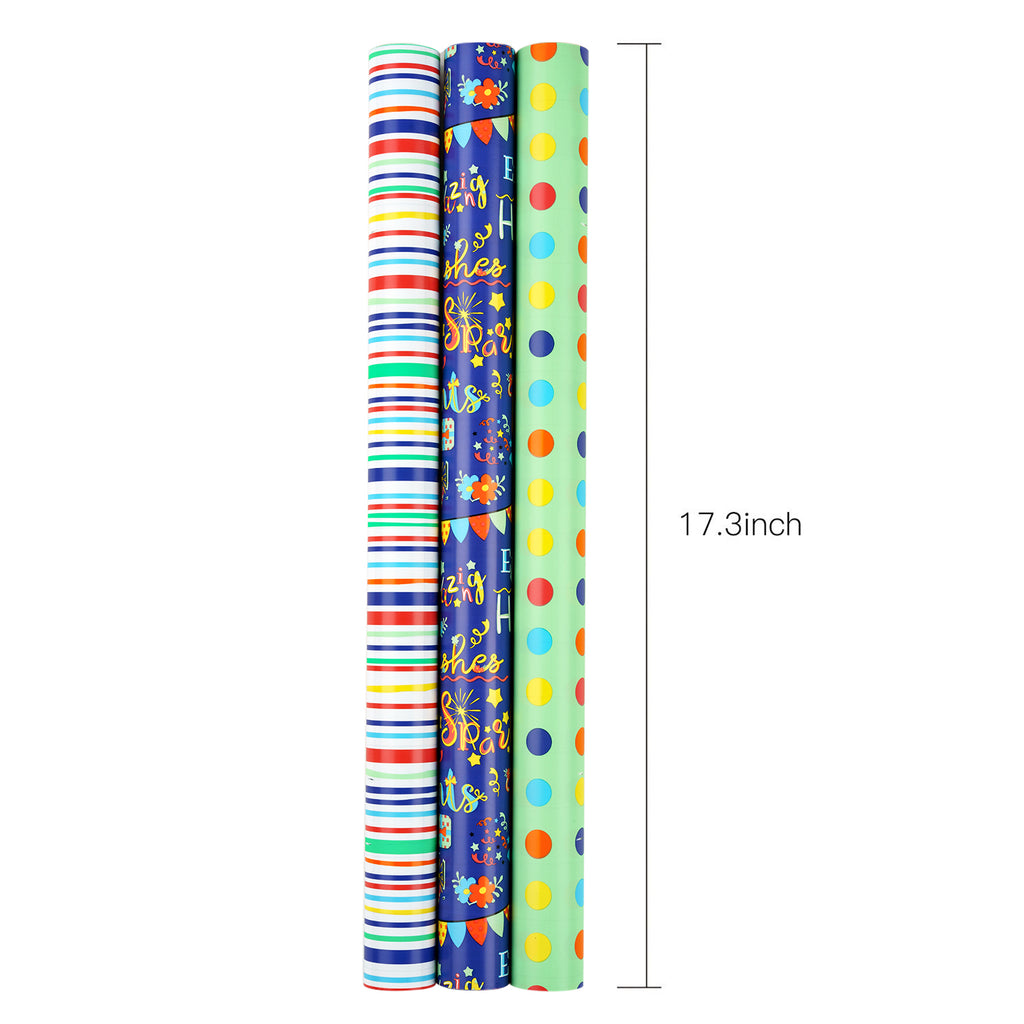 WRAPAHOLIC Birthday Wrapping Paper Roll - Mini Roll - 3 Rolls - 17 Inch X  120 Inch Per Roll - Colorful Happy Birthday Lettering and Balloons Design